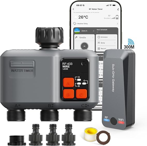 johgee Irrigation Computer WLAN 3 Outputs with 300 m RF Technology & Strong Wall Penetration Smart Irrigation Computer with Alexa & Smart Life App Automatic Irrigation System for Garden Lawn