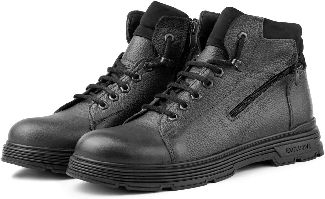 Ankle Genuine Leather Lace Rubber Base Mens Boots, Zippered Boots
