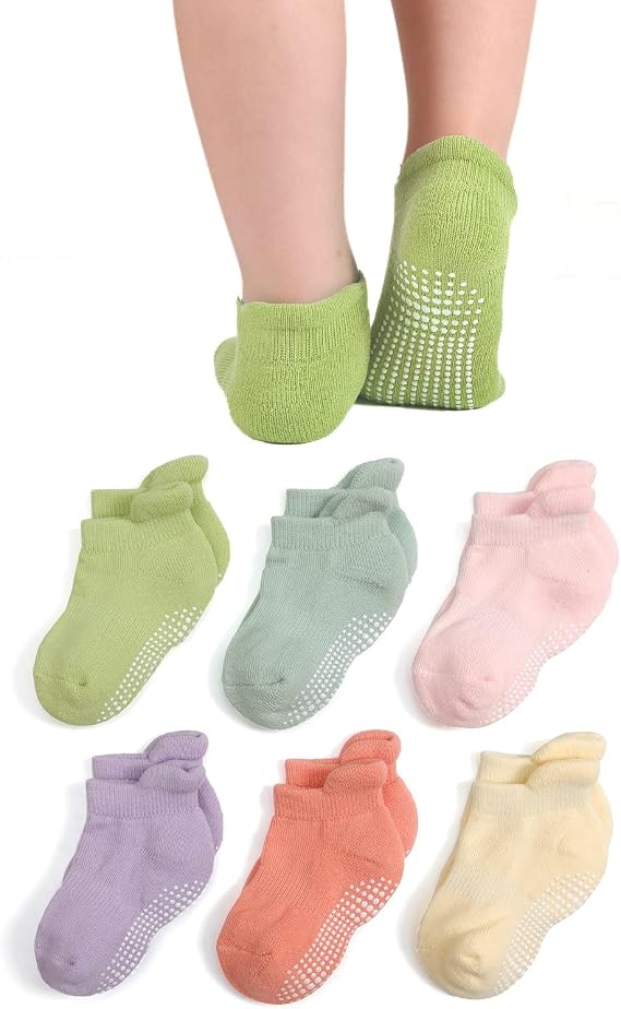 EPEIUS Baby Toddler Non-Slip Socks Thick Cotton Ankle Socks with Grips Kids Boys Girls 6/12 Pack