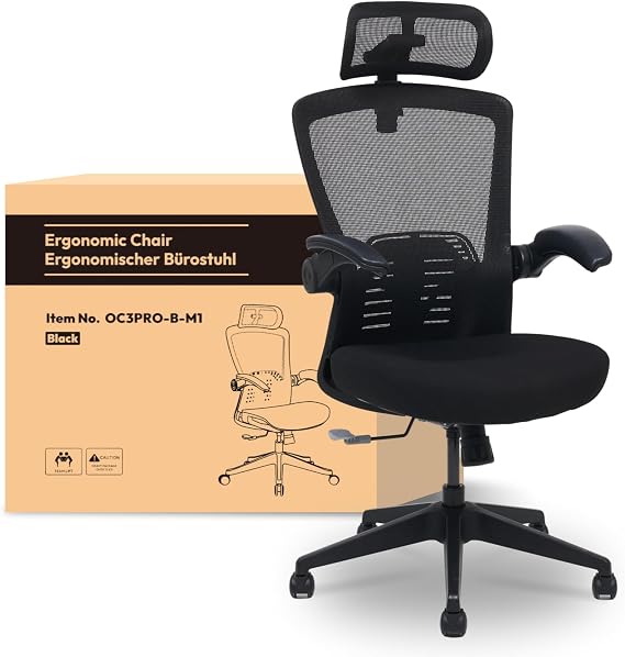 FLEXISPOT Ergonomic Office Chair with 3D Headrest and Height-Adjustable Backrest Folding PU Armrests W-Shaped Foam Seat 135° Back Adjustment Maximum Load 150 kg (Black)