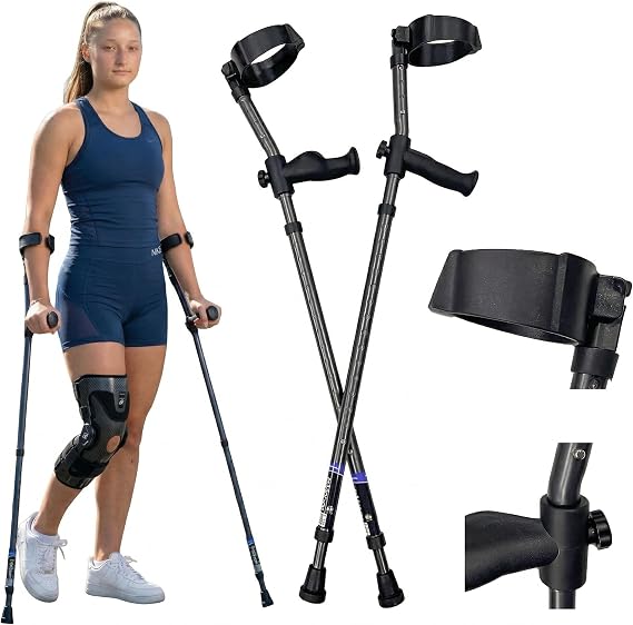 in-Motion Forearm Crutches for Adults, Spring Assist, 350lb, Charcoal | Fits 5'3"-6'8". Spring-assist shock absorption; ergonomic handle; articulating tips; 350 lb capacity; charcoal