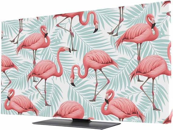 DecorLovee Pink Flamingo TV Cover Indoor Elastic TVs Screen Protector, Blue Summer Tropical Plants Leaves Monitor Covers Inside Dust Proof Slipcover, 43 Inch TV Cover for Flat or Curved TVs