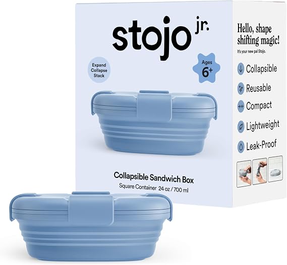STOJO Jr Collapsible Box for Kids, 24oz - Leak-Proof Reusable Silicone Travel Bowl for Hot & Cold Food - For Home, On-The-Go Camping & Hiking - Microwave & Dishwasher Safe (Steel Blue)