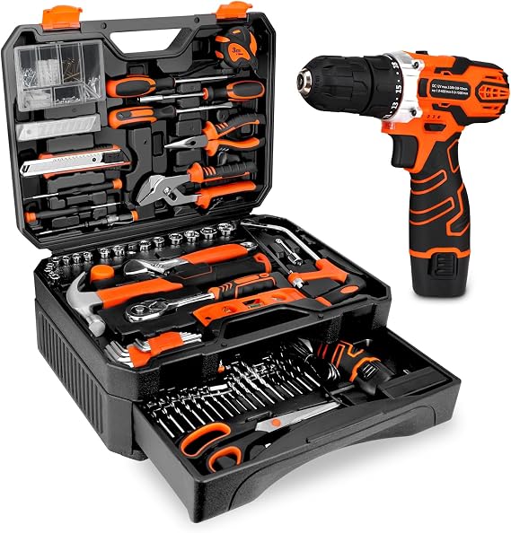 255-Piece Home Tool Kit with 12V Cordless Drill and Drawer Case