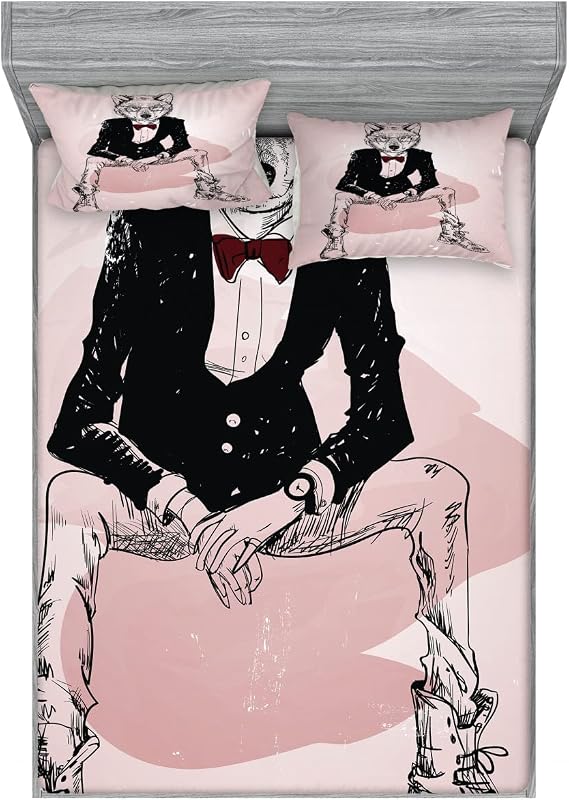 Ambesonne Indie 2 Pack Fitted Sheet & Pillow Sham Set, Hipster Wild Wolf Glasses, 4 Pcs Bedding Decor, Package Contains 2 Queen Size Fitted Sheets & 4 Pillow Covers, Pale Pink Burgundy Black