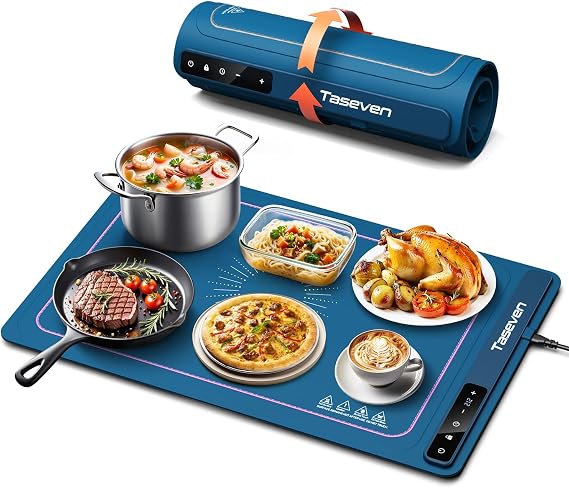 Food Warming Mat,7 Temp,4H Timer,Thermochromic Line,Kids Lock,Blue