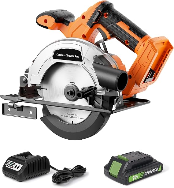 20V 6-1/2-inch Cordless Circular Saw, 2.0Ah Battery Powered: Brushless Motor, 45 Bevel Capacity, Max Cutting Depth 2-1/4-inch (90), 1-1/2-inch (45), Electric Circular Saw for Wood, Plastic Cutting