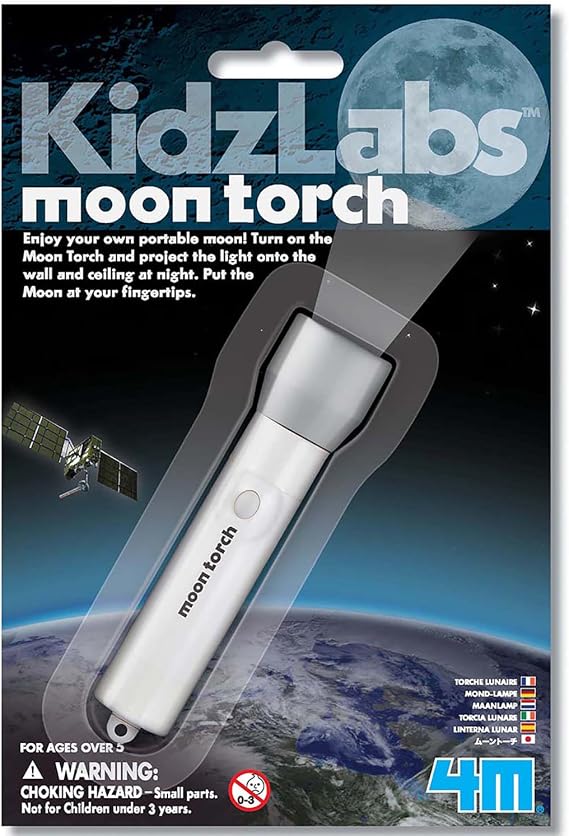 4M: KidzLabs - Moon Torch - Portable Projecting Toy Flashlight, Adjustable Focus Lens, Cast On Walls-Ceilings, Realistic Moon Image, Handheld, Kids 5+