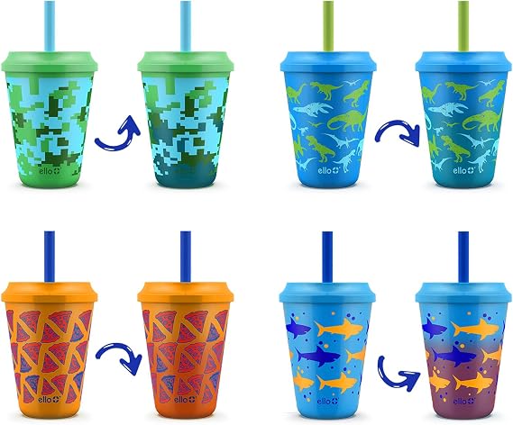 Ello 12oz Kids Plastic Reusable Color Changing Cups with Twist on Splash-Proof Lids and Straw, BPA Free, Dishwasher Safe