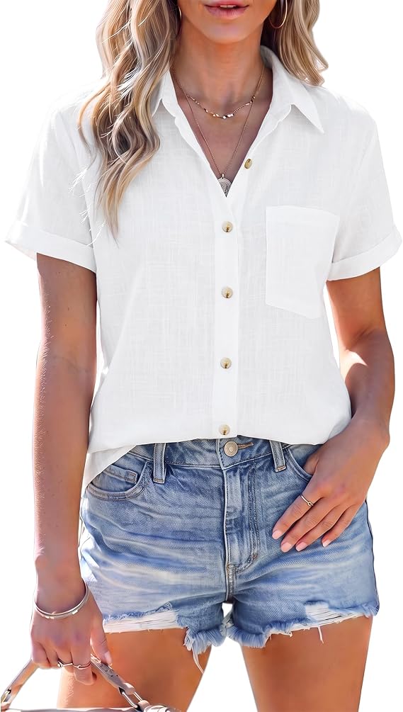 siliteelon Linen Shirts for Women Button Down Shirts Short Sleeve Cotton Collared V Neck Solid Casual Blouses with Pocket