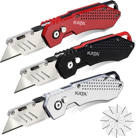 KATA 3 Pack Folding Utility Knife Set, Heavy Duty Box Cutters with Blades | Zinc Alloy Folding Utility Knives, Quick Change Blades, Lock-Back Design, Extra 12pc Blades for Cartons, Cardboard, Boxes