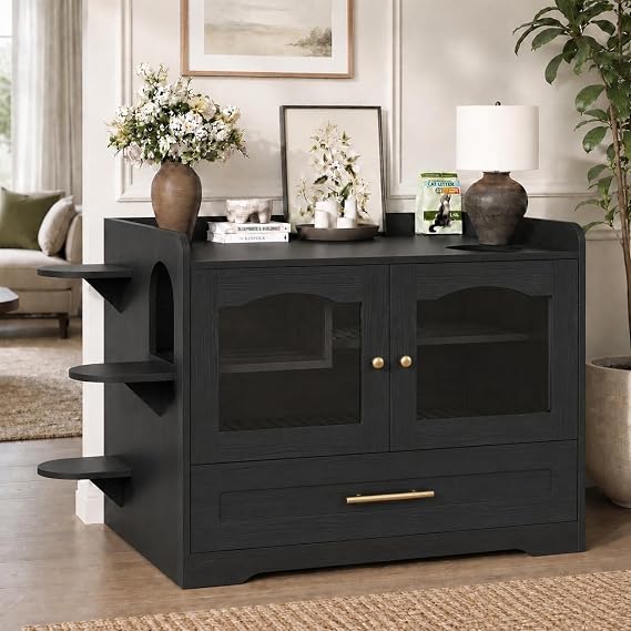 Cat Litter Box Enclosure Furniture, Dog Proof Hidden Litter Box Cabinet with Acrylic Door, Extra Long Runway & Drawer, Cat Play Area for Indoor Cats