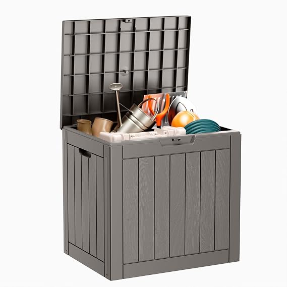 Deck Box Large Outdoor Storage for Patio Furniture, Outdoor Cushions, Garden Tools and Pool Supplies, Waterproof, Resin, Lockable (Grey, 30 Gallon)