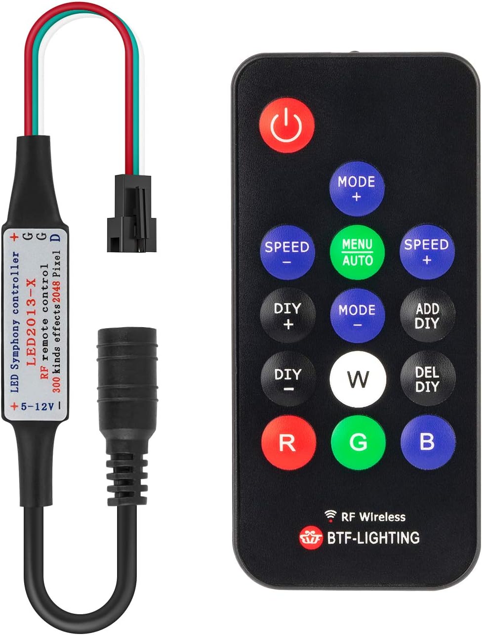 BTF-LIGHTING 14 Key WS2811 and WS2812B DC5V12V Wireless RF LED RGB Controller 300 Different Types of Digital Color LED Light Module Strip Black