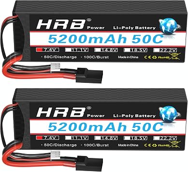 HRB 7.4V 2S 5200mAh 50C TR Hardcase Lipo Battery Compatible with RC Car RC Plane RC Truck RC Boat 2 Packs