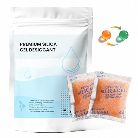 Vrurc Color-Indicating Silica Gel Desiccant Packets 5 Gram (55 Pack) Food-Grade Premium Moisture Absorber, Re-Activatable Desiccant for Food Storage, Seeds, Electronics, and 3D Printing Supplies