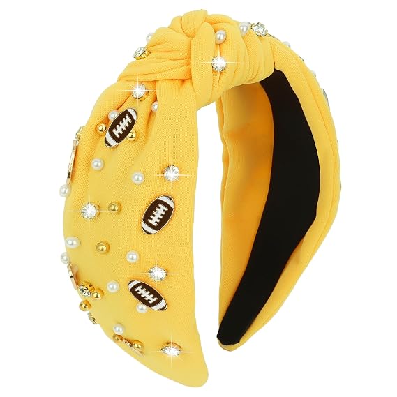 YARIEW Football Headband Pearl Rhinestone Jeweled Knotted Headband Fashion Headband Wide Game Day Sports Hair Accessories Gift for Football Mom Fans Christmas Yellow