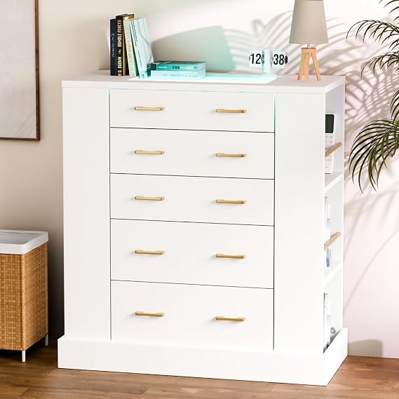 Drawer Dresser with LED Lights, 6 Open Shelves, Glass Top
