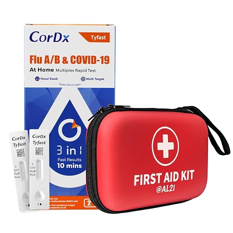 CorDx At Home Flu A/B and COVID-19 Test Kit (2 Pack) and 184 Piece First Aid Kit Bundle, 3-in-1 Rapid Antigen Test with Results in 10 Minutes, Portable Emergency Kit for Home, Travel and Car