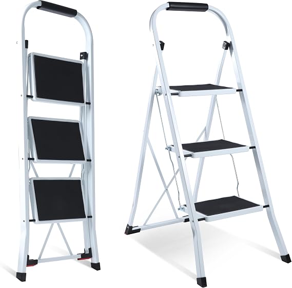 Galvaran 3 Step Ladder – Folding Step Ladder, Portable With Anti-Slip Mat & Comfortable Soft Handgrip, Heavy Duty Steel Step Ladder - Easy to Store Step Ladders, 150KG Max Capacity (3-Step)