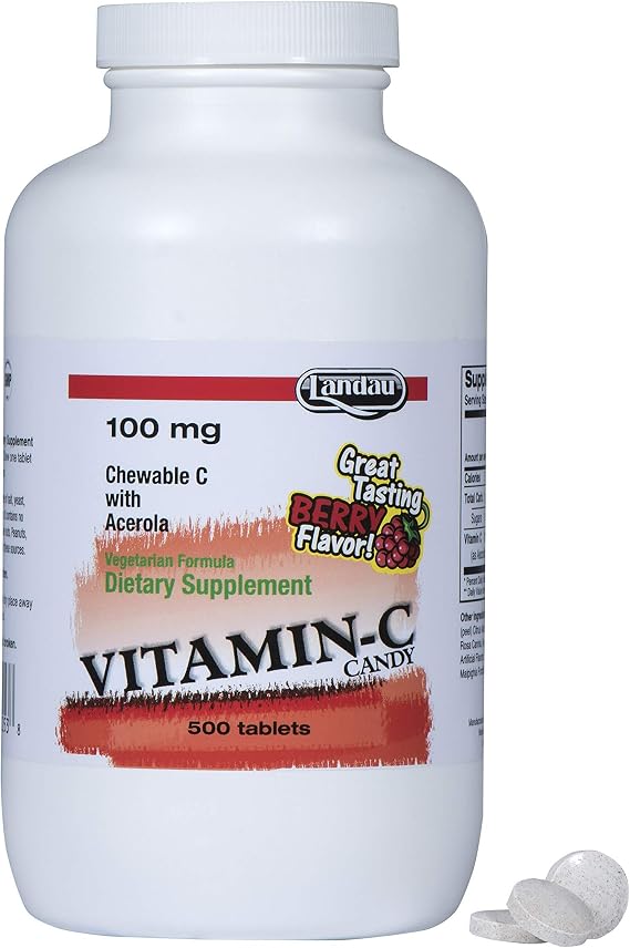 LANDAU Vitamin C Chewable 100 Mg, Great Tasting, 500 Chewable Tablets | With Acerola, Kosher, Made in the USA, Berry Flavor, Easy-to-Take Supplement