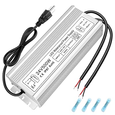 inShareplus 24V 500W LED Power Supply, IP67 Rainproof Waterproof Outdoor Driver,AC 90-140V to DC 24V Low Voltage Transformer, Adapter Converter for