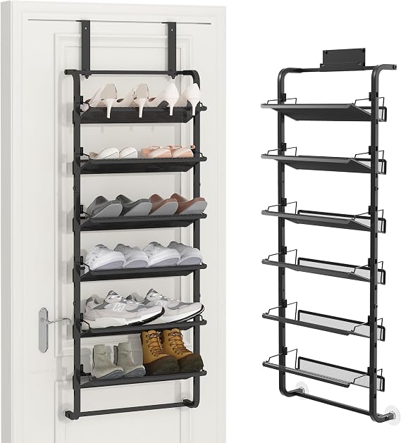 BUKFEN 6-Tier Adjustable Metal Shoe Rack, Over Door & Wall Mount Organizer