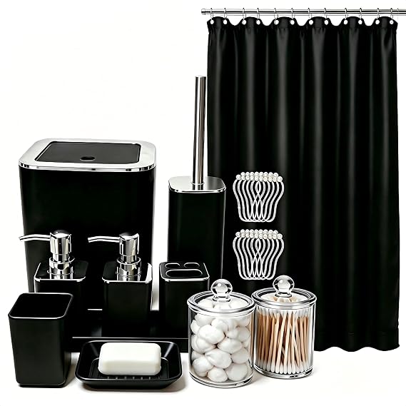 Black Bathroom Accessories Set, Shower Curtain Set