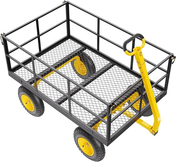 Happybuy 1400 Lbs Steel Garden Cart, Heavy Duty Pullable Yard Cart for Garden, 2 in 1 Outdoor Metal Utility Wagon Trailer with 13" All Terrain Tires, Removable Mesh Sides and 180 Rotating Handle