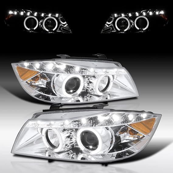 Autozensation Compatible with 2006-2008 BMW E90 3-Series 4 Door Sedan, Left + Right Pair Headlamps Assembly, LED + Chrome Projector Headlights