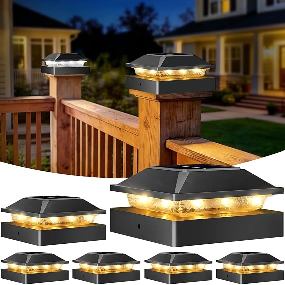 Peasur 4x4 Solar Post Cap Lights 6 Pack,2 Modes Post Lights Solar Powered