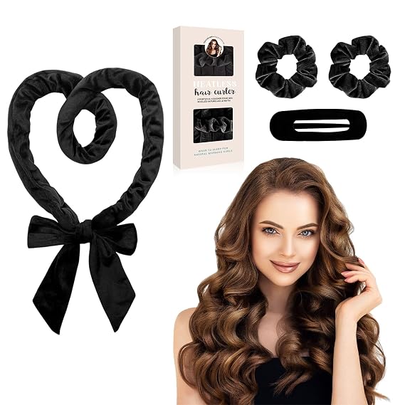Heatless Curls Overnight, Hair Rollers Hair Curlers to Sleep in, Black | Heatless Hair Curler Headbands for Women Long Hair with Scrunchies and Clip, Overnight Curls Soft Velvet No Heat Damage