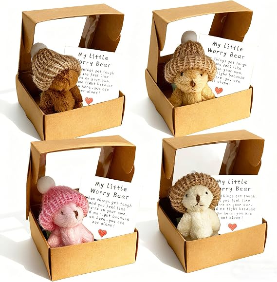 4Pcs Worry Bear Hug in a Box, A Little Pocket Bear Hug, Mini Bears with Inspirational Card, Small Teddy Bear with Knitted Hat, Emotional Support Plush, Positive Gifts for Kids Friends