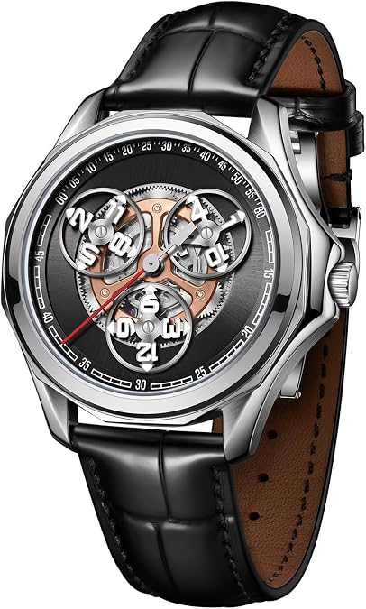 OBLVLO Luxury Mechanical Watch, Automatic Movement, Black Leather Band, Silver Case, Skeleton Dial