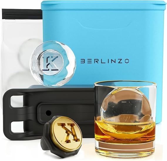 Berlinzo Premium Clear Ice Ball Maker Mold with Ice Stamp Ring Letter K - 2 Large 2.4" Crystal Clear Ice Balls - Easy-to-Remove Ice Sphere Mold - Storage Bag Included, Mint (Non-Electric)