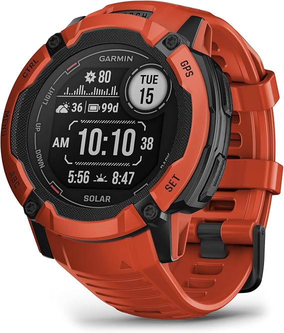 Garmin Instinct 2X Solar, Rugged Outdoor Smartwatch, 50mm, Flame Red | Solar Charged, Built-In Flashlight,Mutli-Band Frequency Support, ABC Sensors, Tracback Routing, Reference Points