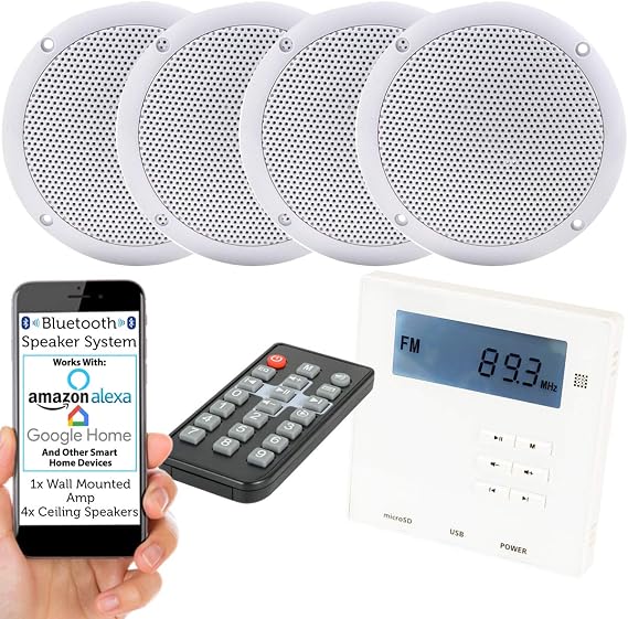 Loops Wall Mounted Micro Bluetooth Amplifier & 4 Ceiling Speaker Kit Stereo HiFi Music
