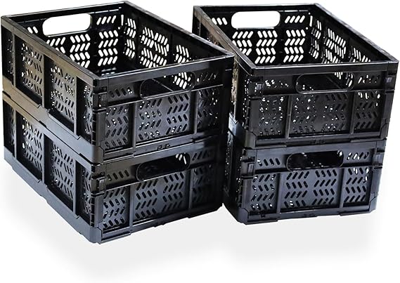 4 Pack Plastic Storage Crates, Home Kitchen Office Storage Box, 20L Foldable Storage Basket Bins for Foods, Fruits, Vegetables, Snacks, Clothes,Toys, Pantry Storage (Black)