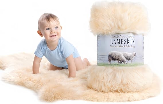 New Zealand Lambskin Baby Rug, Unshorn Sheepskin, Large 2x3 ft, Oeko-Tex