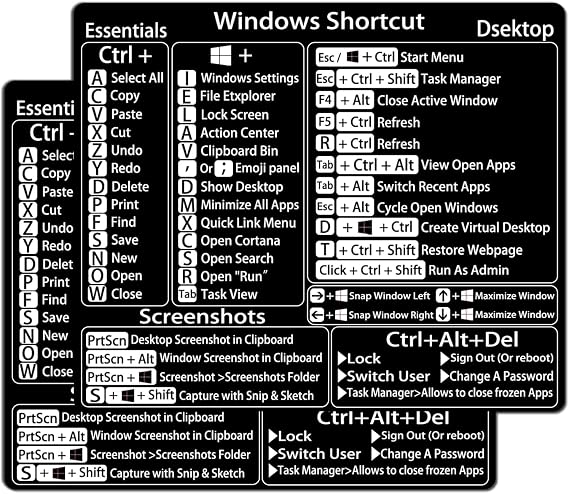 Windows Keyboard Shortcut Stickers, 2 Pack Visual Cheat Sheet for Windows 11/10, Microsoft Word & Excel Quick Reference Decals, Boost Productivity on Any PC Laptop Desktop (Black)