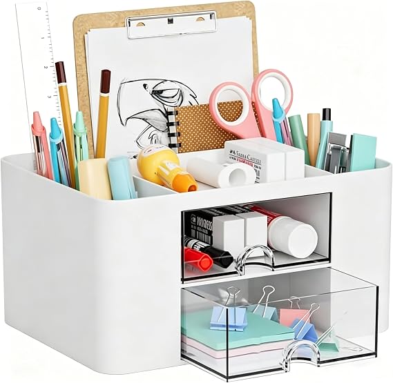 Marbrasse Desk Organiser with Drawers,Multifunctional Pen Holder with 7 Compartments,Stationary Organiser for Home Office Desk and Accessories(White)