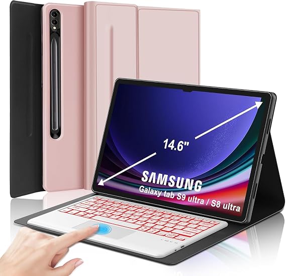 KVAGO for Samsung Galaxy Tab S11 Ultra / S10 Ultra / S9 Ultra / S8 Ultra 14.6 inch Case with Keyboard, Trackpad Keyboard, 7 Color Backlit Keyboard Smart Protective Cover with S Pen Holder, Coral Pink