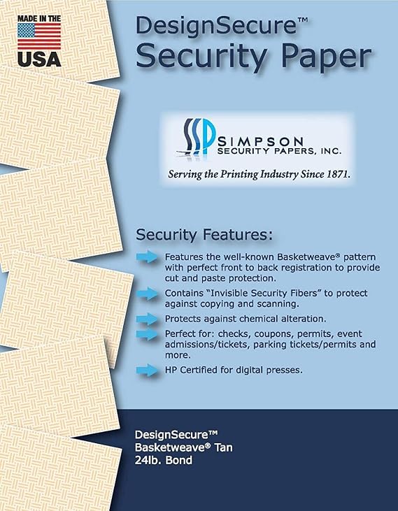 8.5 x 11 Simpson Security Papers DesignSecure Basketweave Tan 24# Security Paper, 500 Sheets