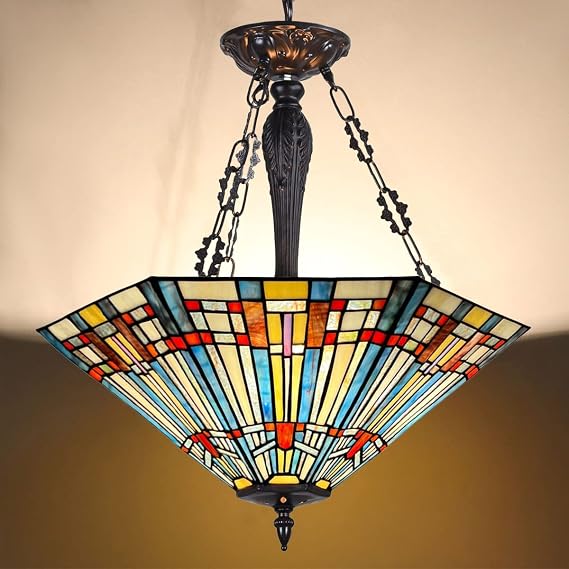 Tiffany Pendant Light Fixtures,22" Wide Stained Glass Inverted Ceiling Pendant for Dining Room,Antique Style 3 Lights Hanging Lamp for Living Room Kitchen Entryway