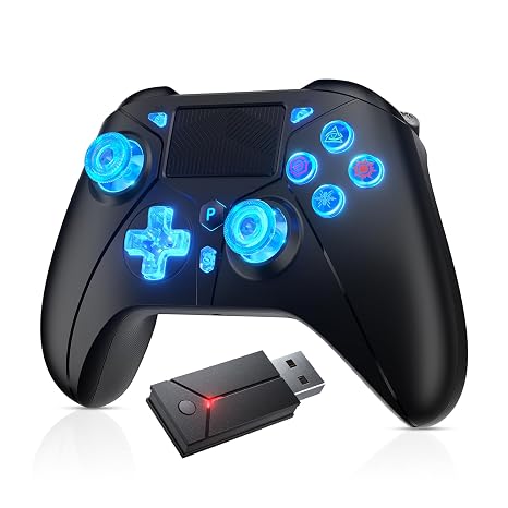 Dinosoo RGB Wireless Controller with LED Light & Remap Back Buttons, Adjustable Turbo, 2.4G Adapter for PS5, PC
