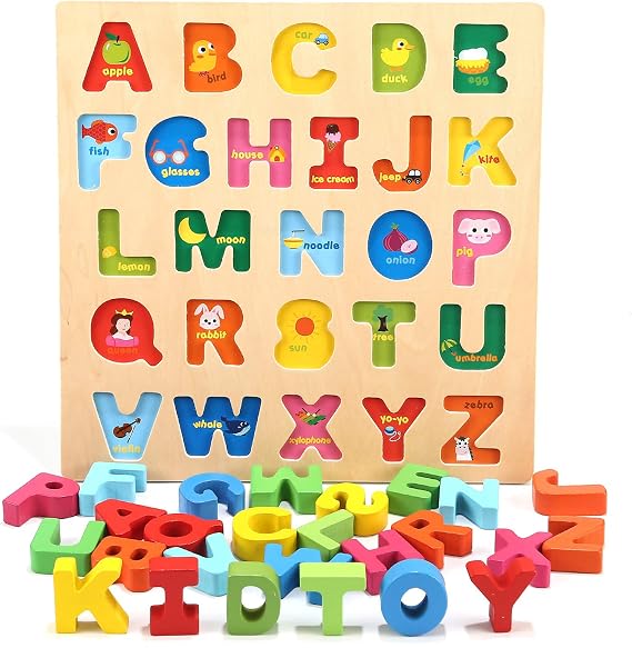 Wooden Alphabet Puzzle, ABC Letter Puzzles for Toddlers 1 2 3 Years Old, Educational Learning Toys for Toddlers, Alphabet Toys with Puzzle Board & Letter Blocks, Best Gifts for Boys and Girls
