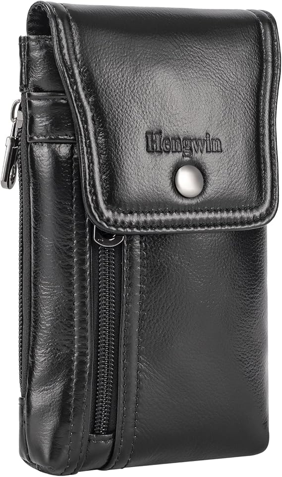Genuine Leather Cell Phone Holster for Belt, Belt Pouch Fits for iPhone 17 Pro 16e 15 Pro 14 Pro 13 Pro 12 Pro Samsung Galaxy S25 S24 S23 S22 Belt Holder Phone Case with Belt Clip (Black)
