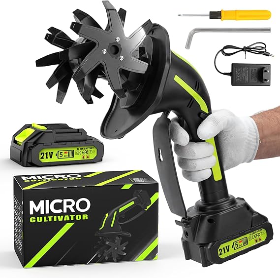 GARDTECH 21V Cordless Tiller Cultivator, 235RPM Electric Hand Tiller with 2.0Ah Battery, 4" Tilling Width & Depth, Powerful Mini Garden Tiller for Gardening, Raised Bed & Soil Loosening