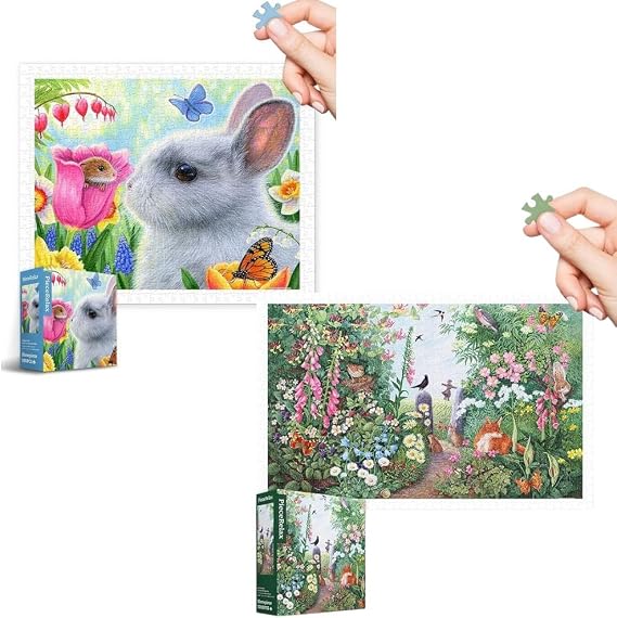 PieceRelax - Two Plastic Jigsaw Puzzles Bundle -500 Pieces Bridget Voth - Little Friend in The Tulips and 1000 Pieces Anne Searle - Summer Hedgerow [H3444+H3440]