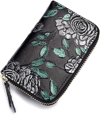 Senllen Wallet for Women RFID Blocking Leather Credit Card Wallet Flower Retro Coin Purse Zipper Pockets Card Case Holder